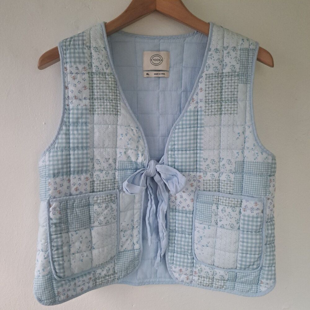 Stoosh XL Blue Quilted Floral Front Tie Vest Slim Fit Womens Vintage Vibes Boho